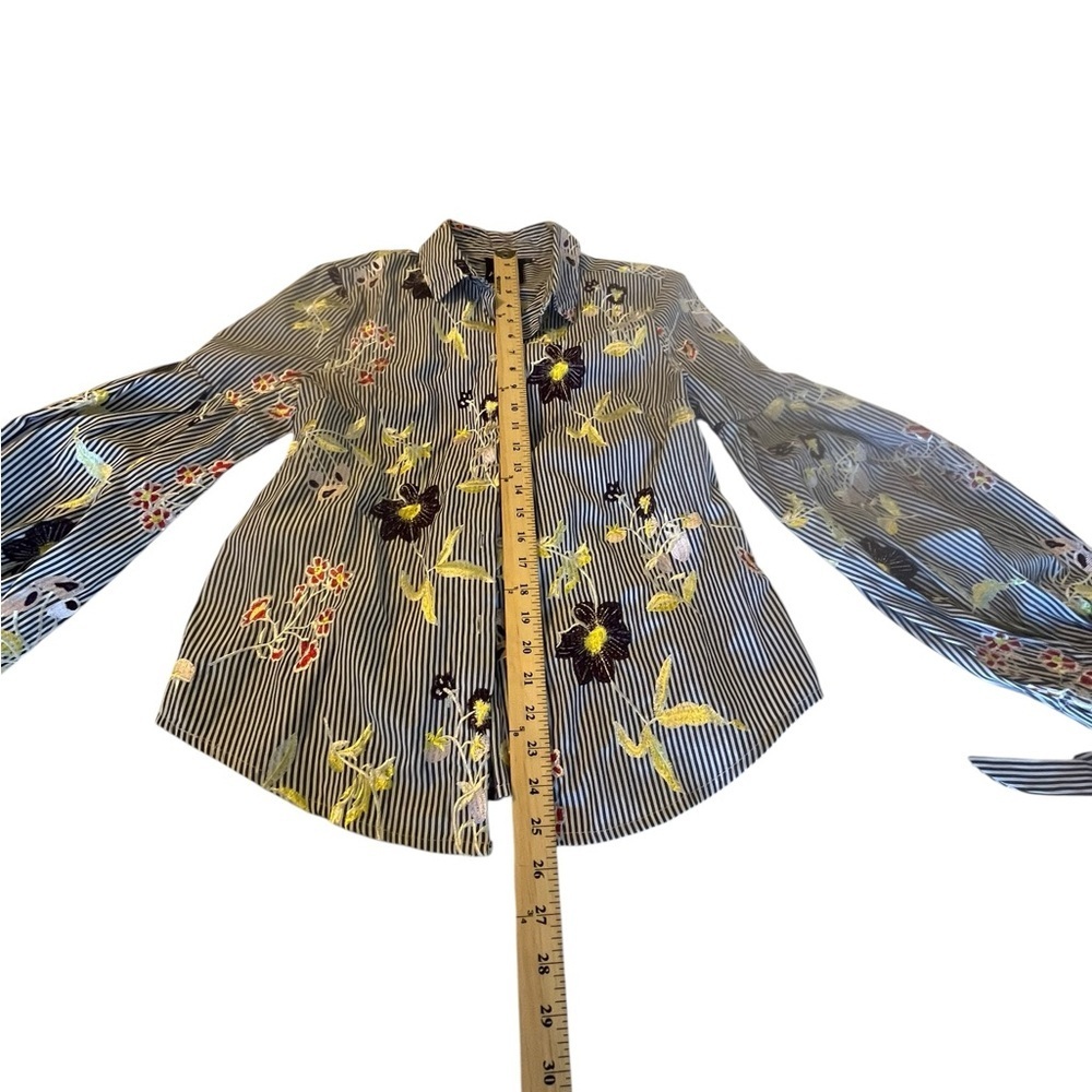 Nanette Lepore Embroidered Floral Stripe Balloon Sleeve Blouse Medium Boho - Picture 4 of 9